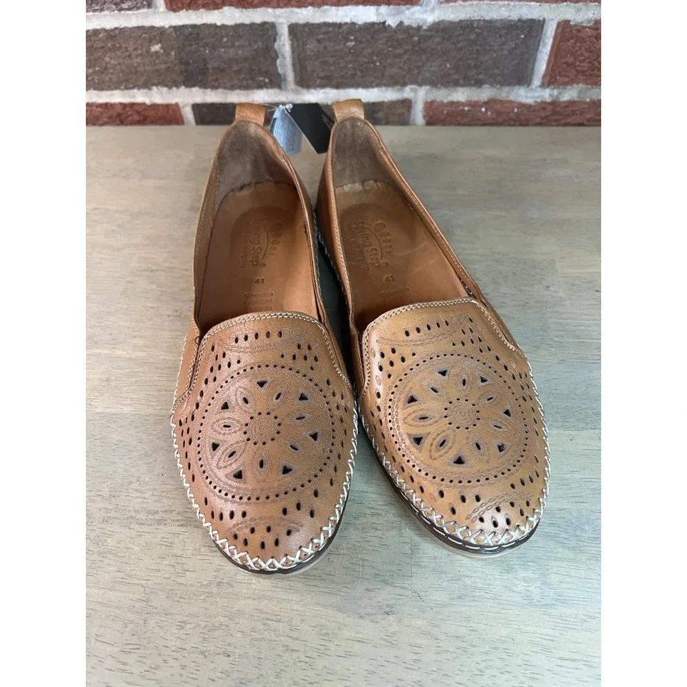 Spring Step Ingrid Women's Brown Leather Cutout‎ Floral Slip On Loafer Size 41